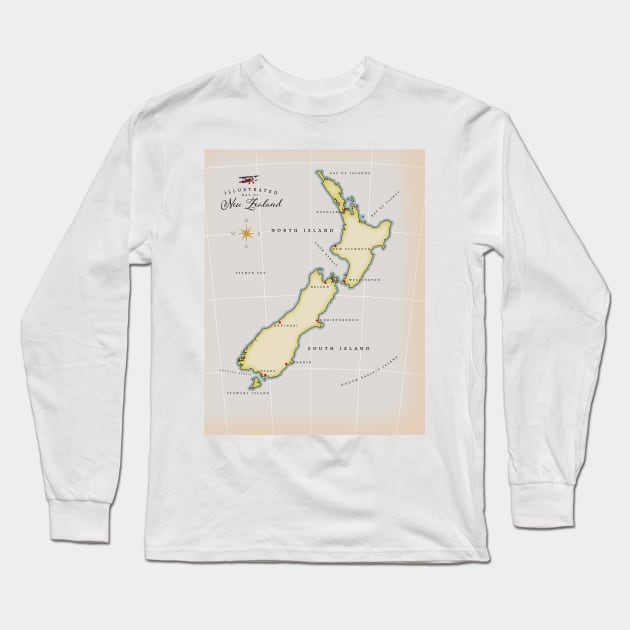 Illustrated Map Of New Zealand Long Sleeve T-Shirt by nickemporium1